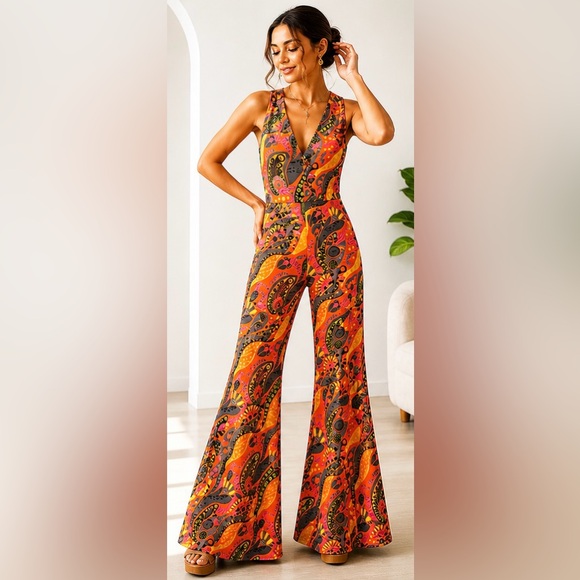 Vintage Pants - Retro 70’s Orange Paisley Wide Leg Jumpsuit